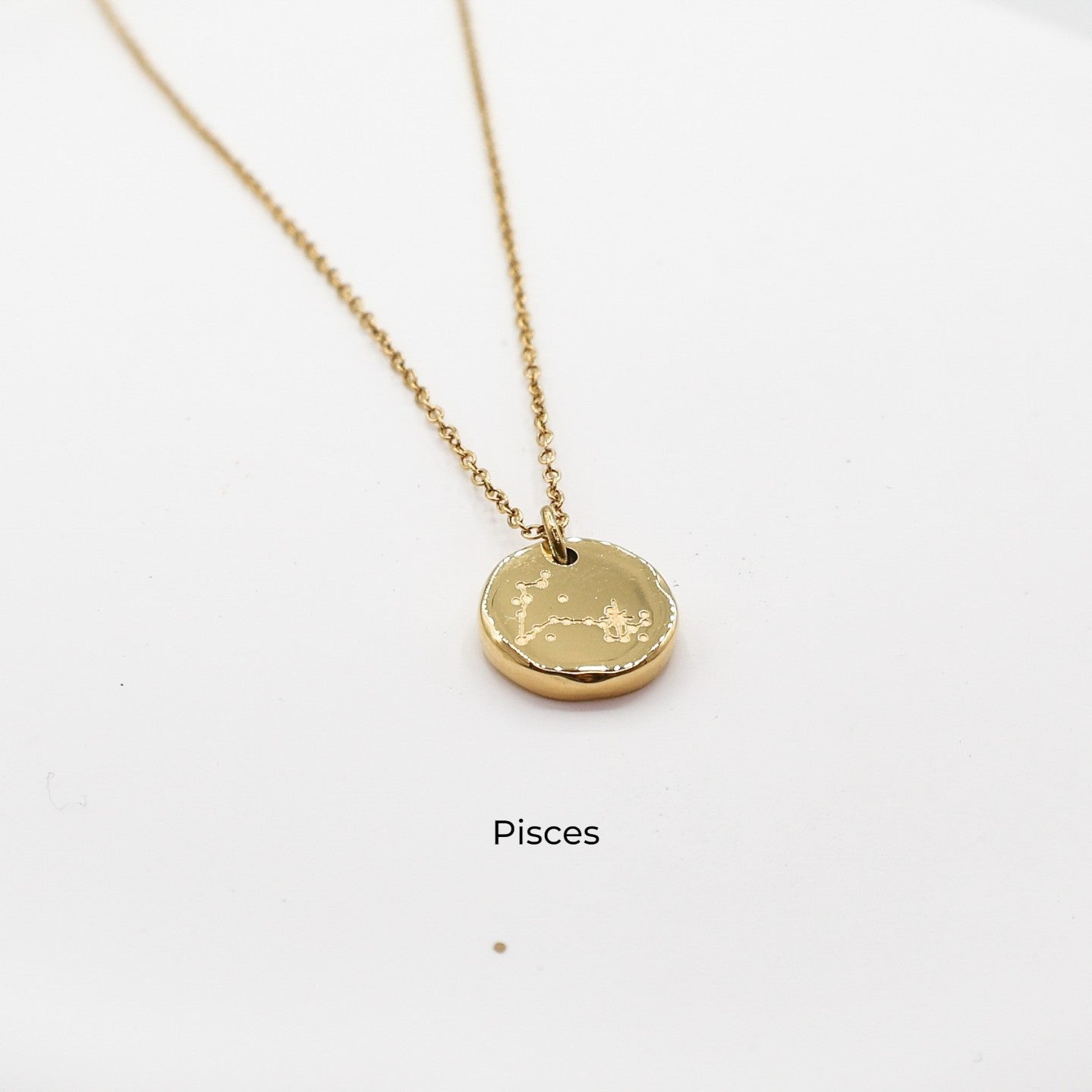 Gold necklace with a round pendant on a light gray background. The pendant is engraved with the Pisces star sign constellation