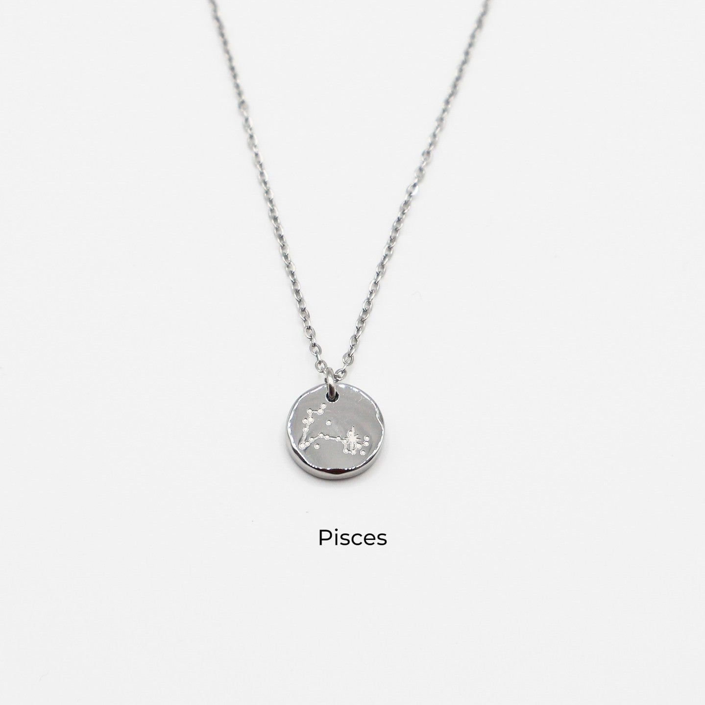 Silver necklace with a round pendant on a light gray background. The pendant is engraved with the Pisces star sign constellation
