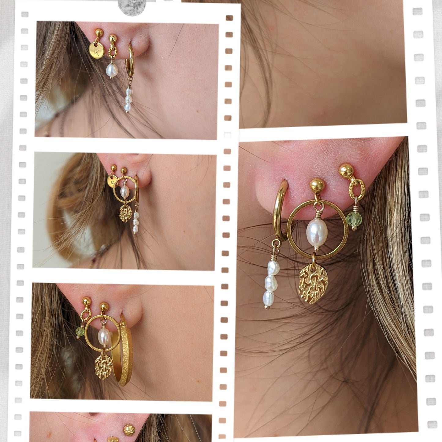 Collage of gold hoop earrings with pearls worn by a person.